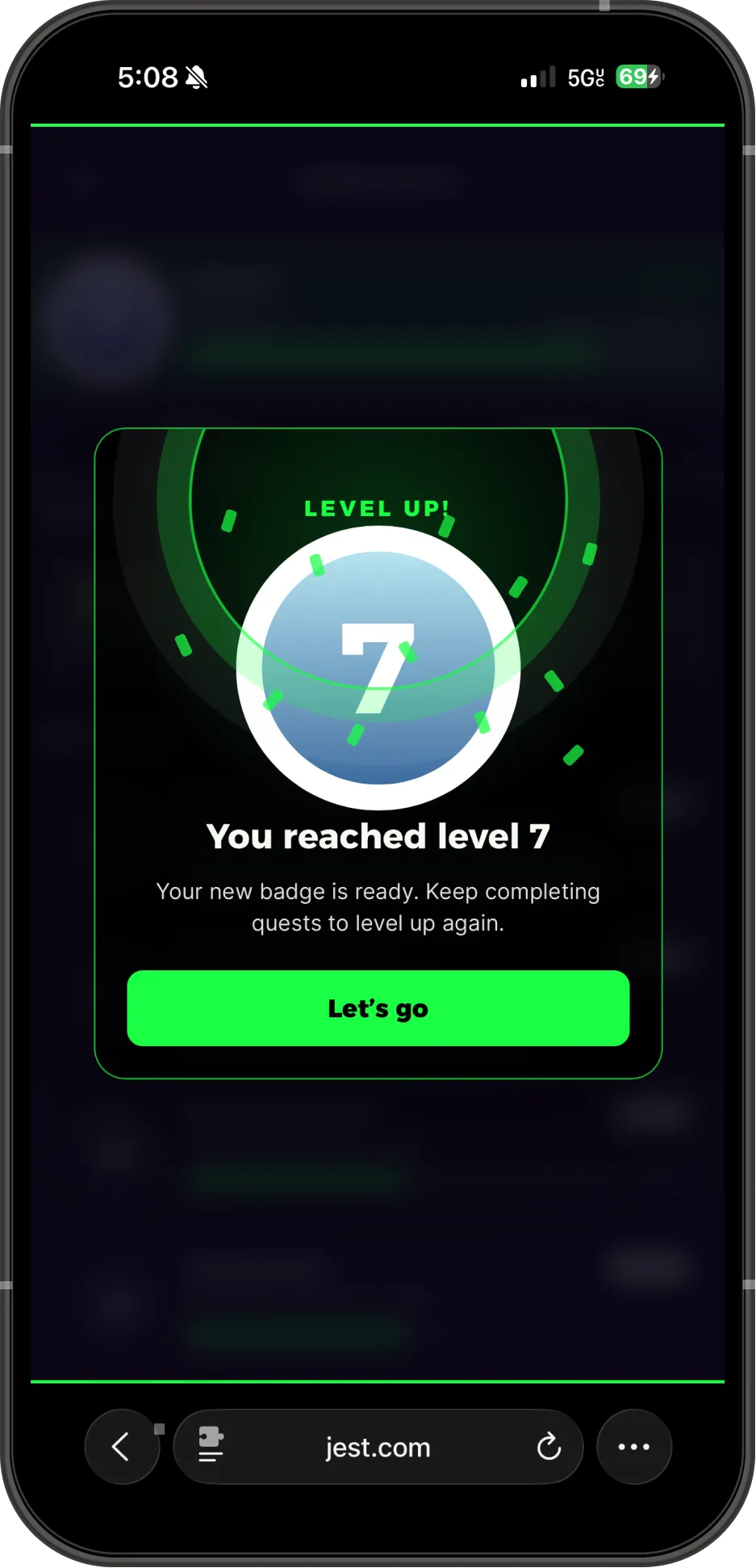 A level-up celebration reading "You reached level 7" over a new badge.