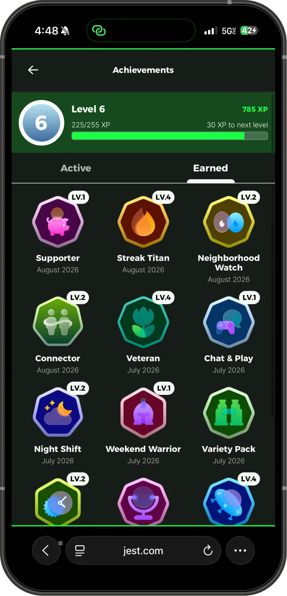 The Jest achievements page, showing a level 6 progress bar and a grid of earned badges including Supporter, Streak Titan and Weekend Warrior.