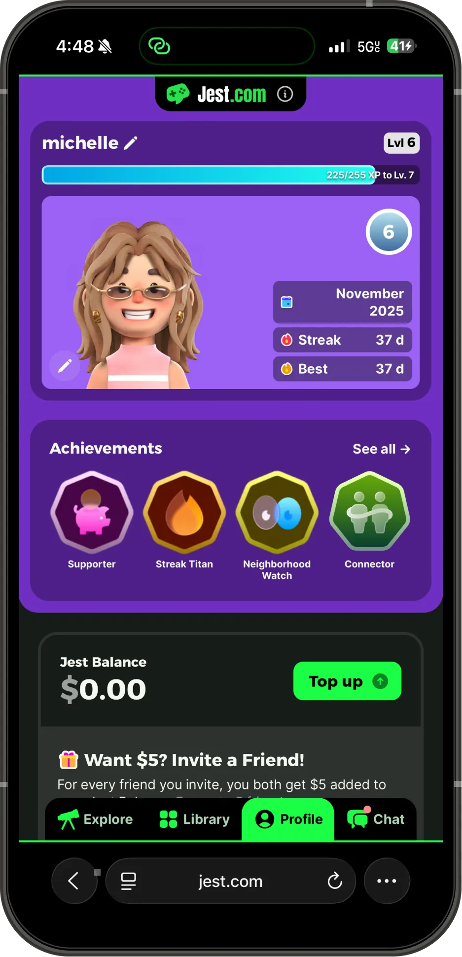 A user profile with level, XP progress, a login streak and the most recently earned achievements.