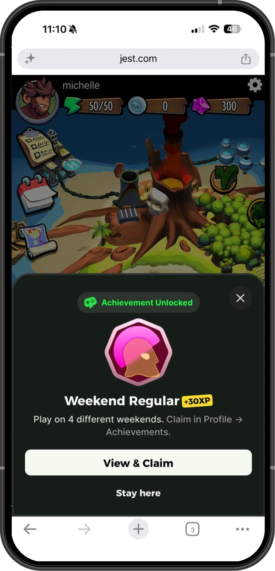 An achievement unlocked panel over a game, awarding the Weekend Regular badge and 30 XP for playing on four different weekends.