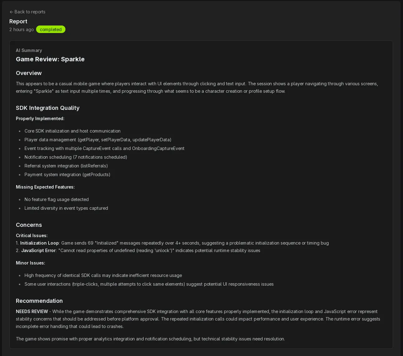 The Player 01 report view, showing the agent's summary, checklist, and session timeline.