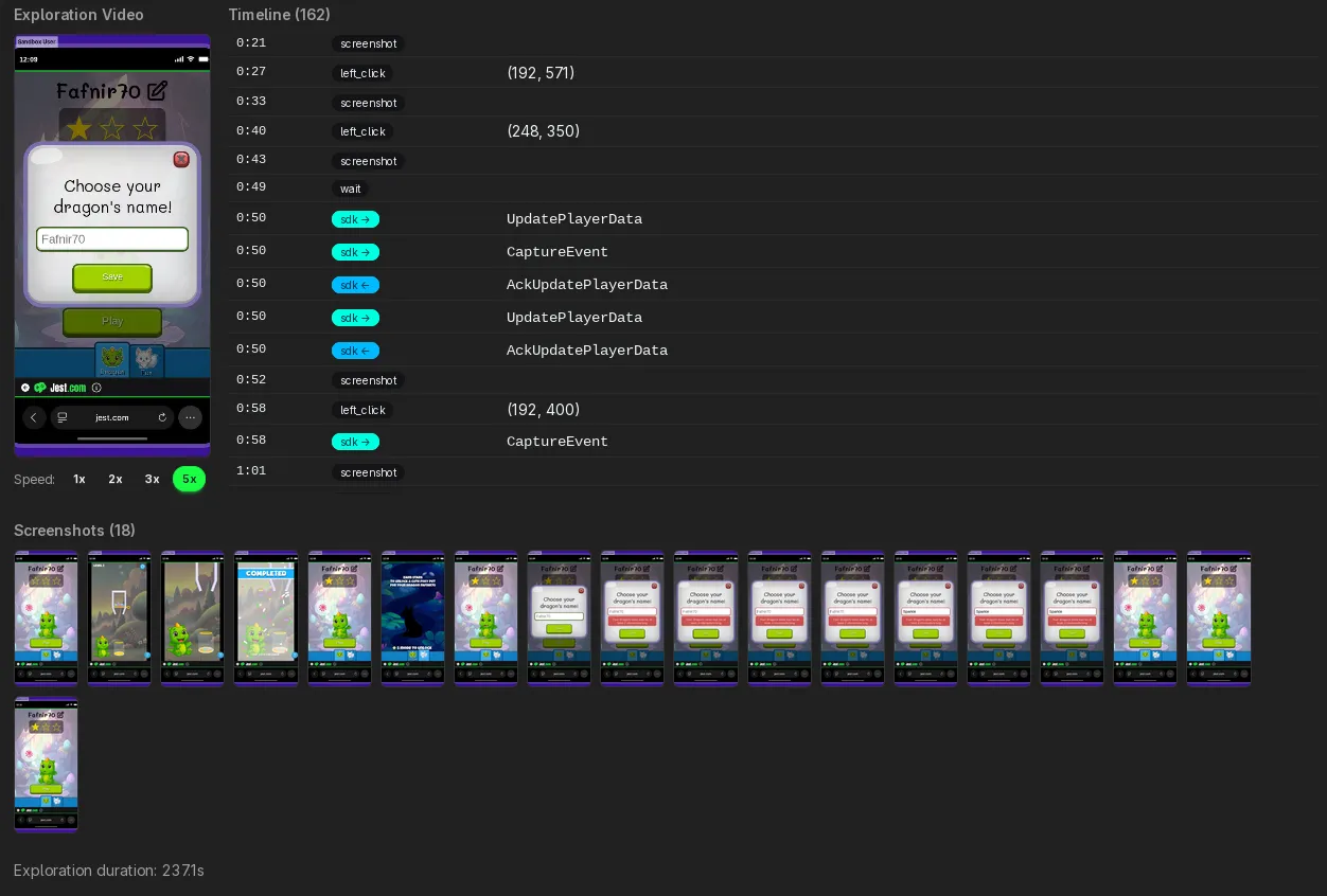 Player 01's video playback and screenshot gallery, showing the agent's autonomous exploration session.