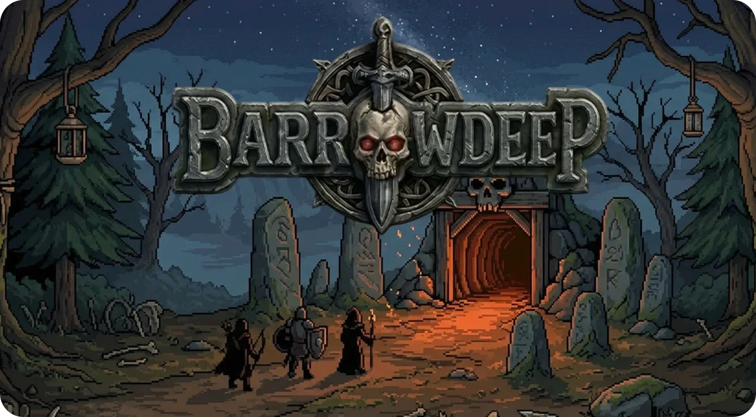 Barrowdeep title art: a party of three adventurers approaching a glowing dungeon entrance among standing stones at night.