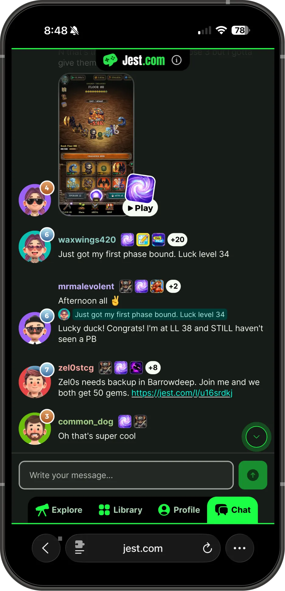 The global chat room on Jest, showing user avatars, the apps they have recently played, level badges and a shared screenshot.