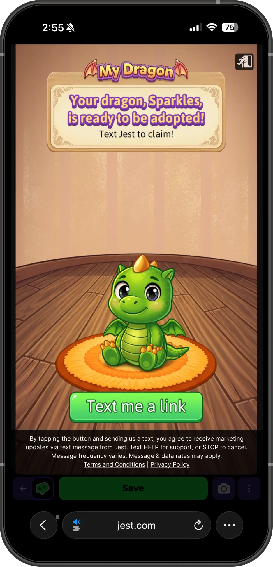 A registration prompt shown inside a game on Jest, asking the player to save their progress.