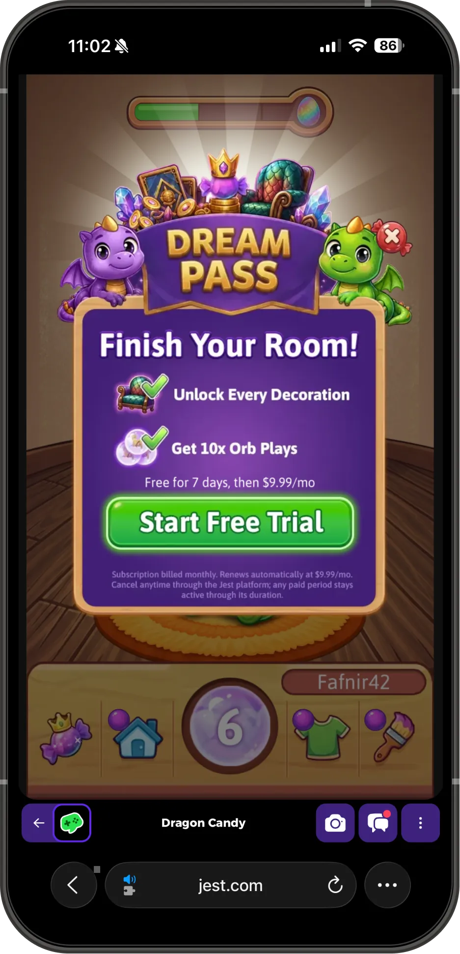 The Dream Pass subscription offer inside the game Dragon Candy, reading free for 7 days then 9.99 a month above a Start Free Trial button.