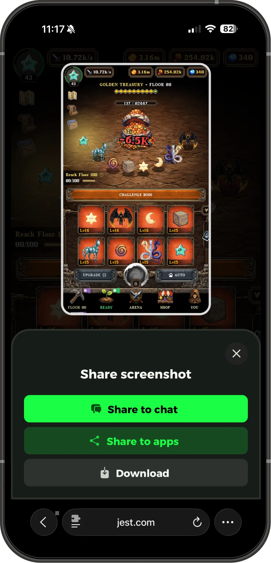 A share sheet in the game Orbo asking the user how they want to share the screenshot they just captured.
