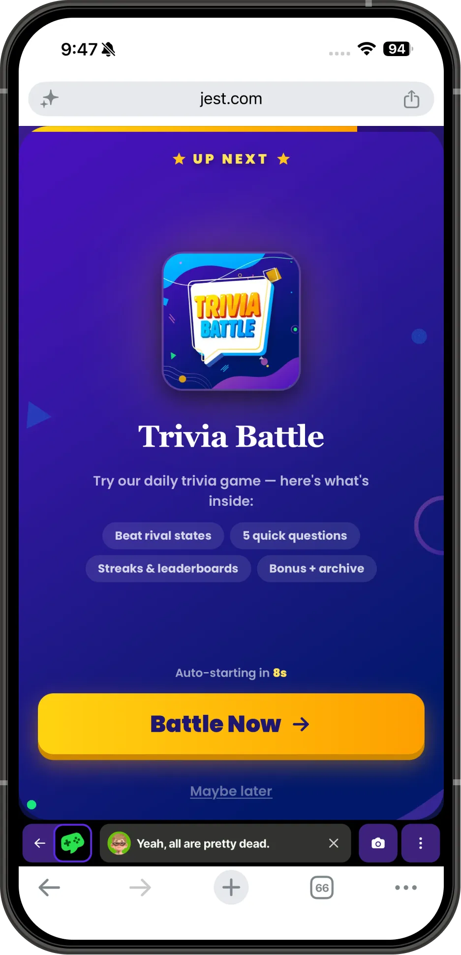 An end-of-round screen in This or That inviting the user to try Trivia Battle, another title from the same studio.