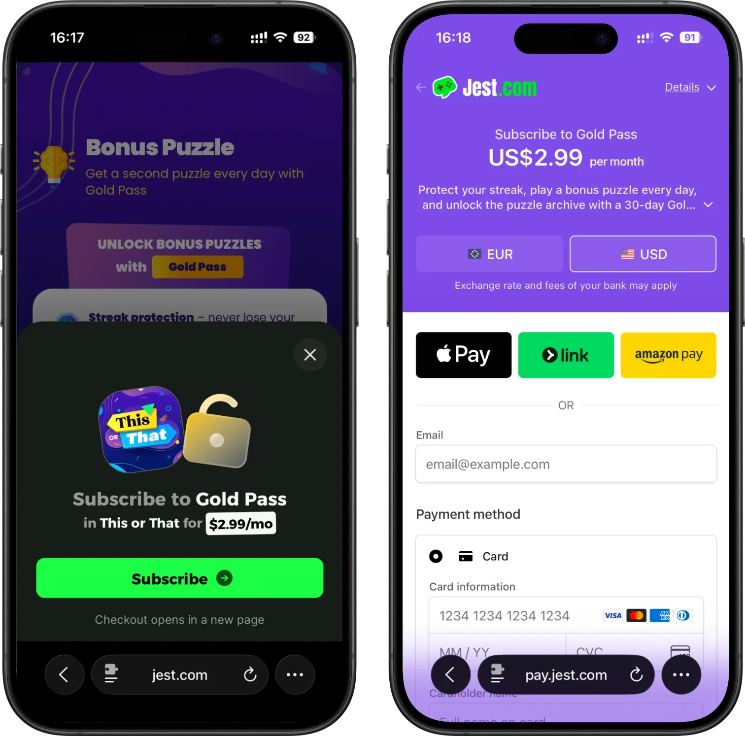The Gold Pass subscription offer in This or That, beside the Jest checkout page with Apple Pay, Link, Amazon Pay and card payment options.