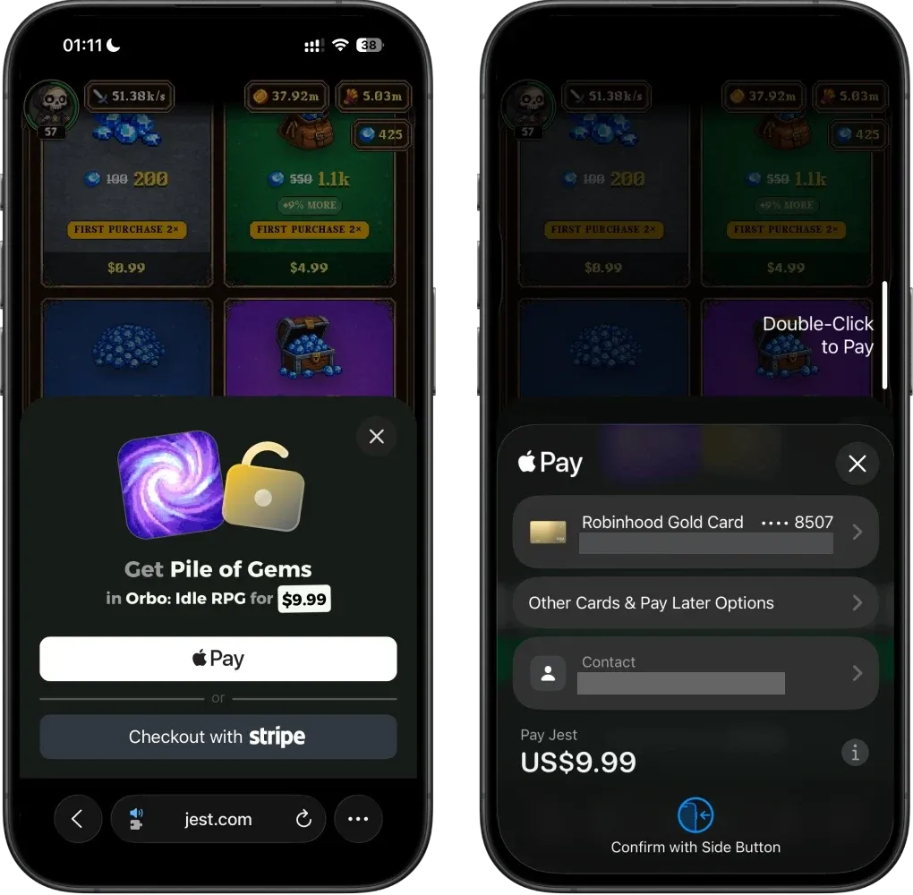 The Jest checkout sheet for a gem pack in Orbo: Idle RPG, offering Apple Pay or Stripe, beside the Apple Pay confirmation sheet.