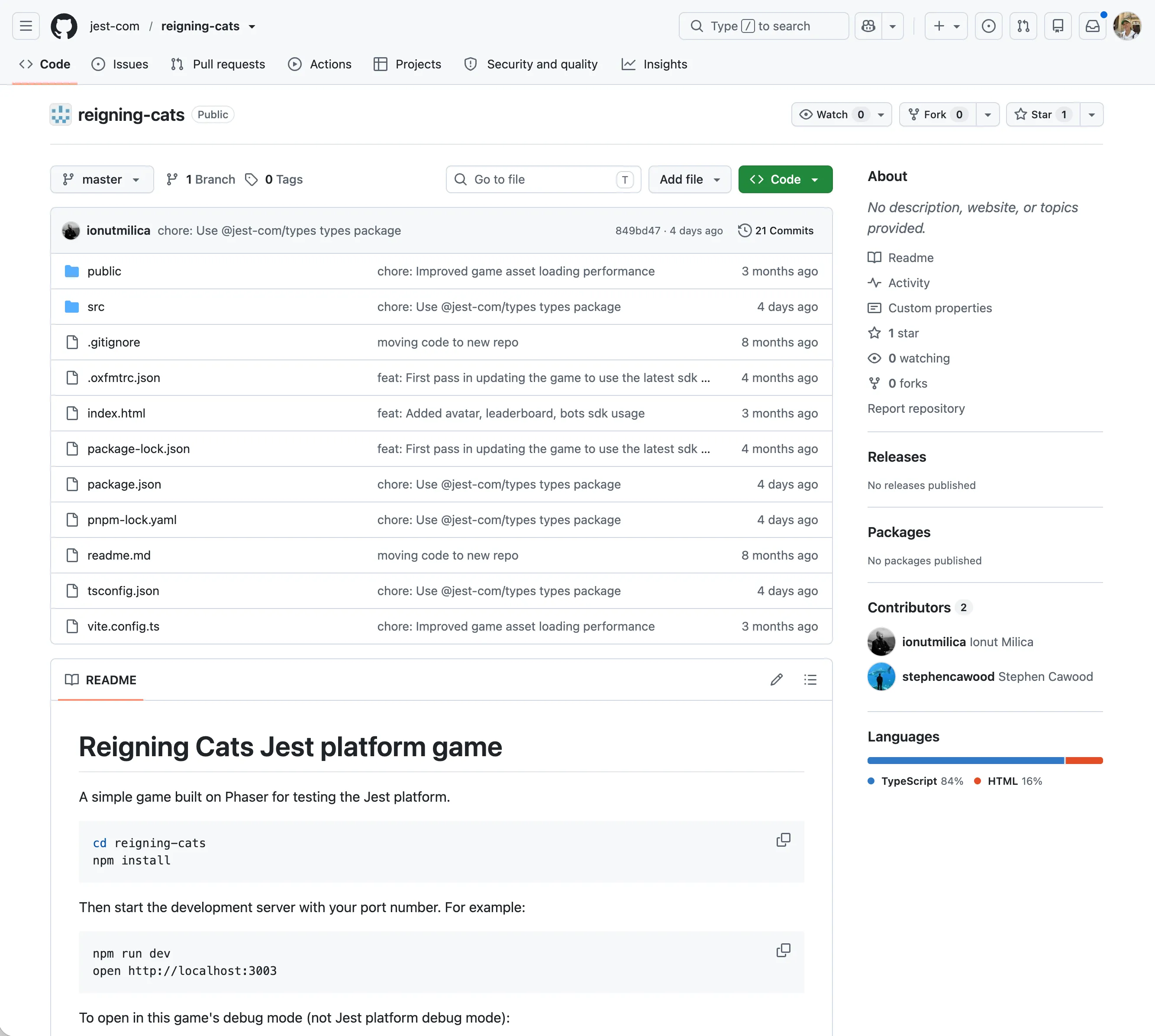 The reigning-cats repository on GitHub, showing the project files and the README for the Phaser-based sample game.