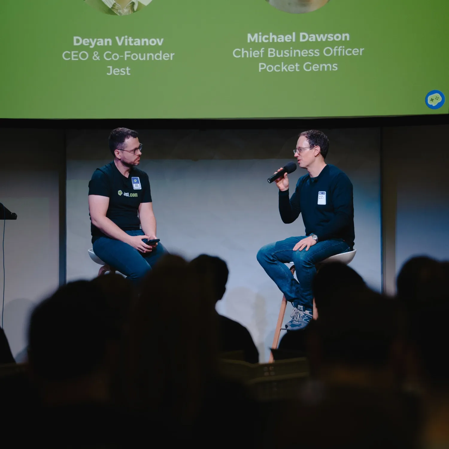 Panel at the Jest Developer Luncheon featuring Deyan Vitanov, CEO and Co-Founder of Jest, and Michael Dawson, Chief Business Officer of Pocket Gems and an early Jest launch partner.