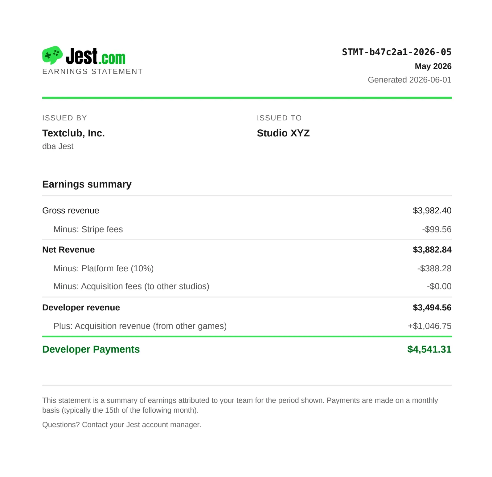 A sample Jest earnings statement for Studio XYZ, showing gross revenue, Stripe fees, the 10% platform fee, no acquisition fees, and the final developer payment.