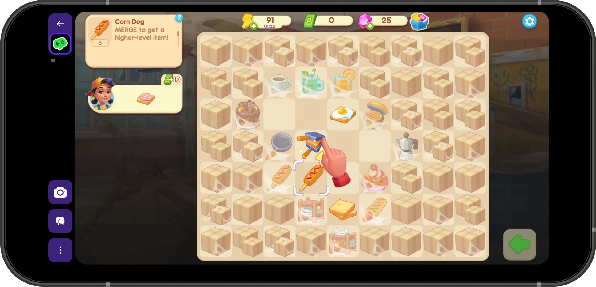The landscape game Piece of Cake running fullscreen on an Android phone on Jest.