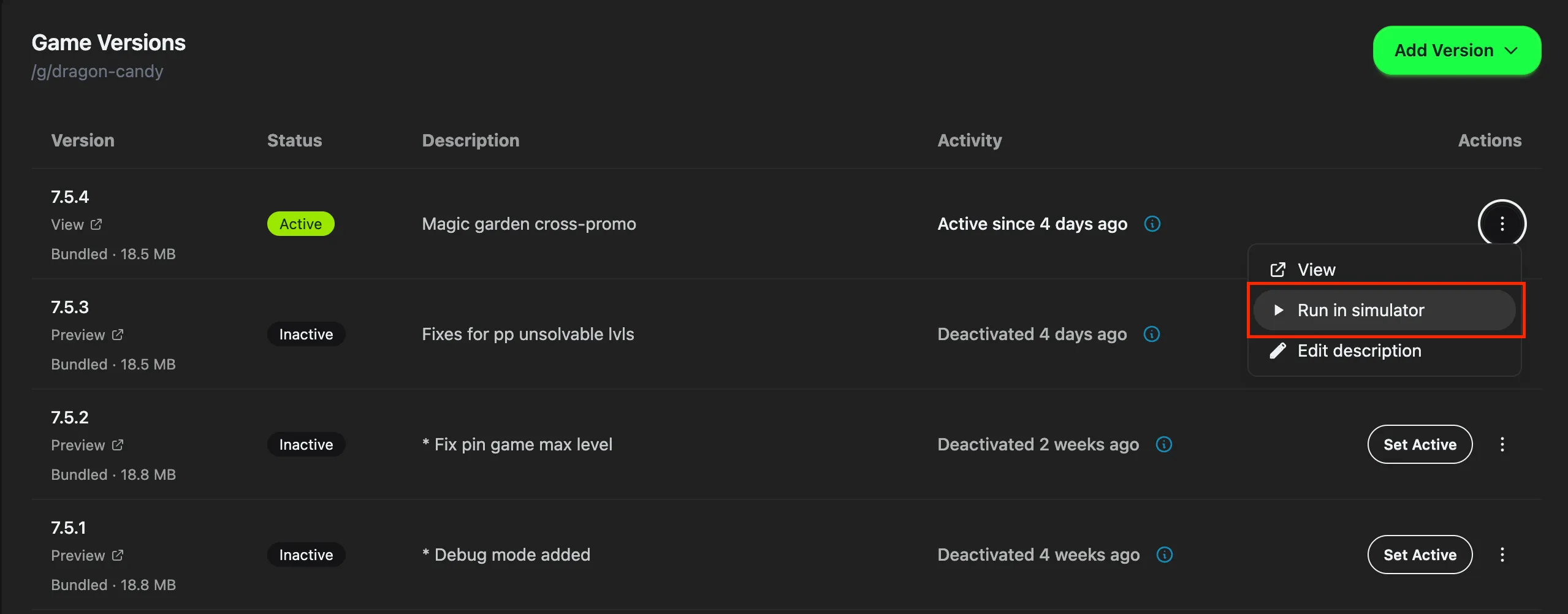 The Versions tab in the Developer Console with a row menu open, showing the Run in simulator action highlighted.