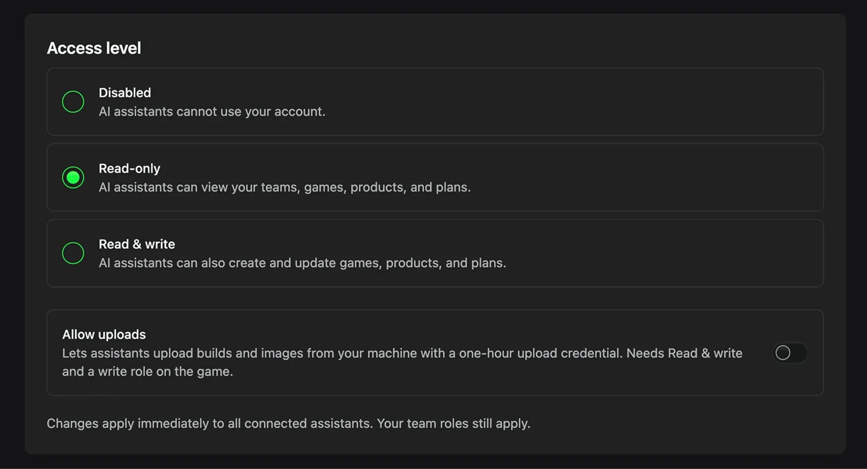 The MCP access level setting with three options, Disabled, Read-only and Read and write, above an Allow uploads toggle.
