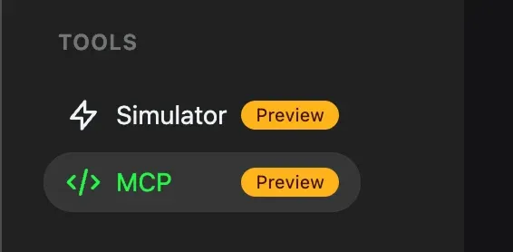 The Developer Console sidebar with a Tools section expanded, showing an MCP entry beneath it.