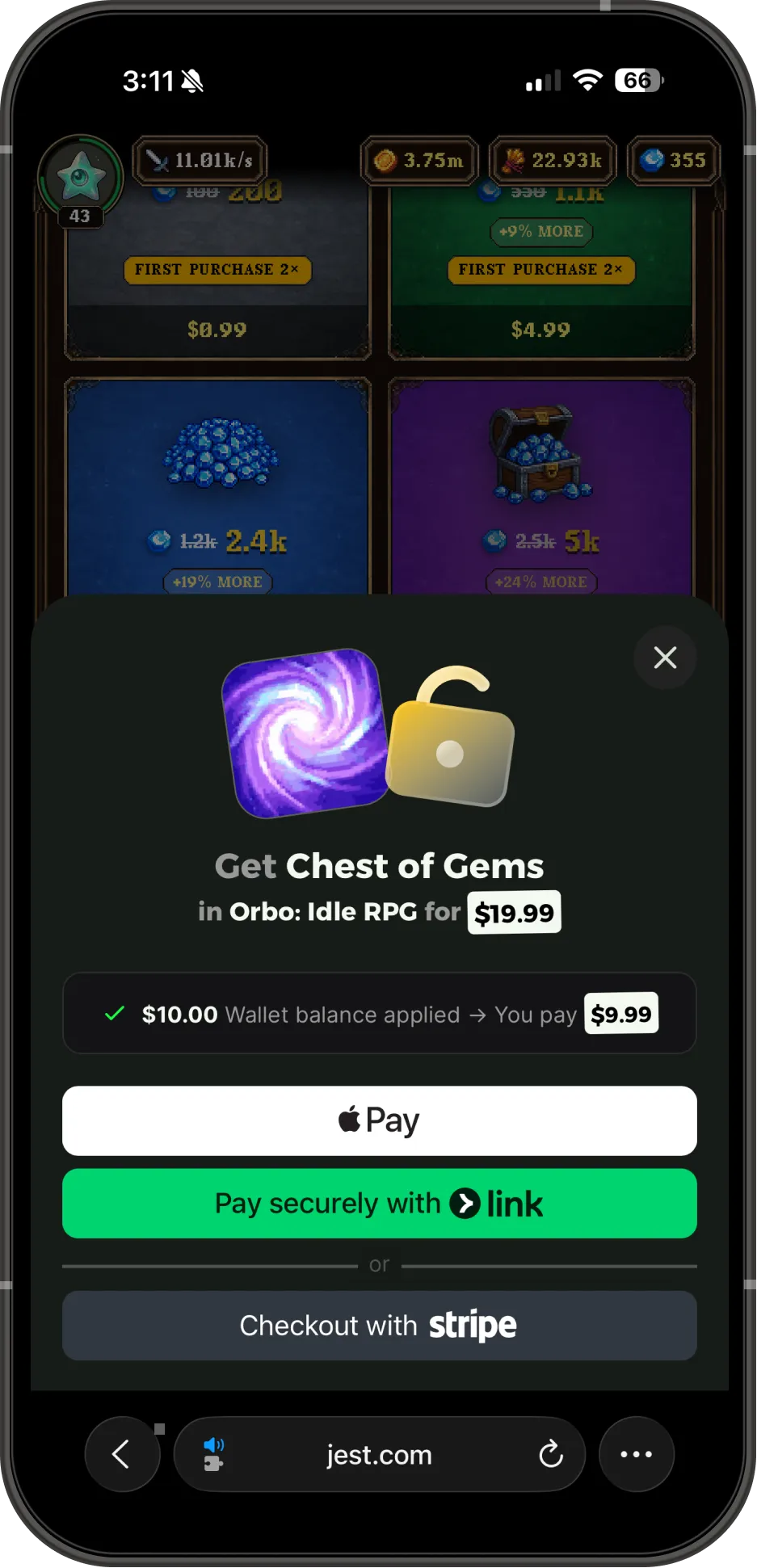 A product checkout sheet inside the game Orbo: Idle RPG, offering a Chest of Gems for $19.99 with Apple Pay, Link and Stripe options.