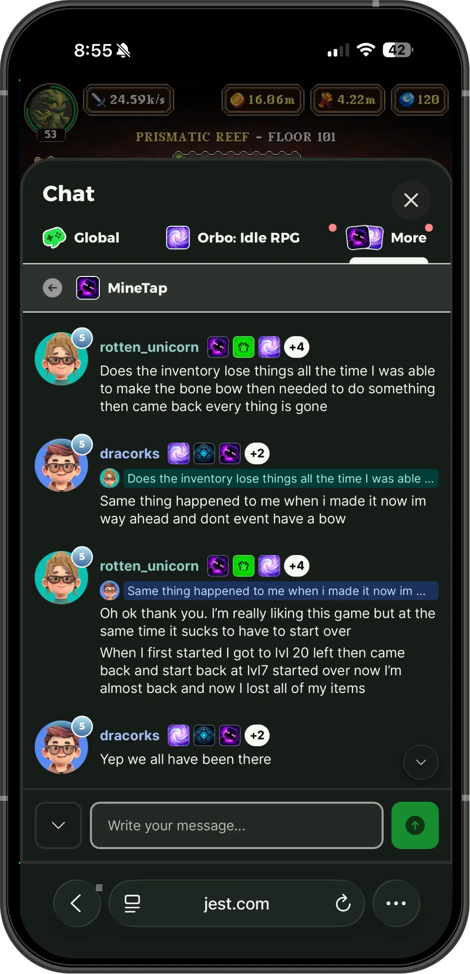 A Jest chat room where one user reports that the inventory keeps losing items and a second user replies that the same thing happened to them.