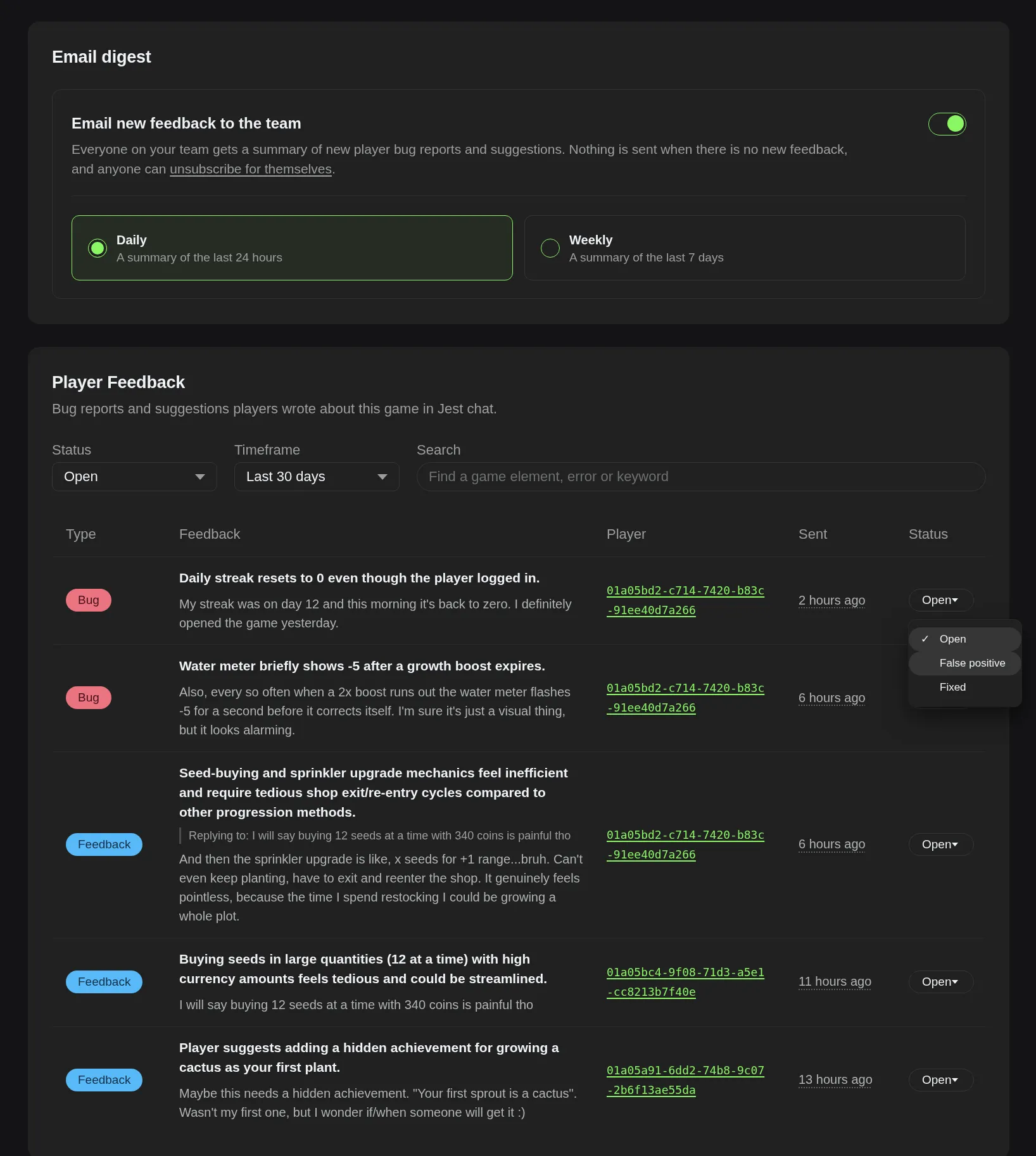 The Player Feedback tab in the Developer Console, with email digest settings above a table of bug reports and feedback, each row showing the summary, the user's original message, their player ID, when it was sent, and a status dropdown.