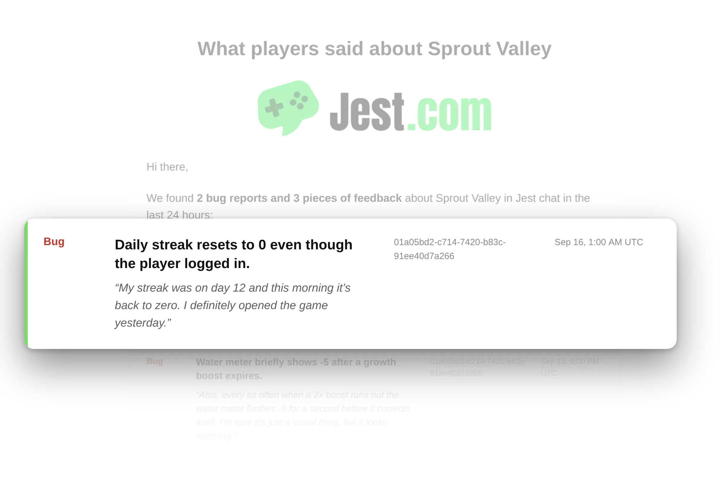 A daily Player Feedback digest email headed "What players said about Sprout Valley", listing the bug reports and feedback from the last 24 hours.