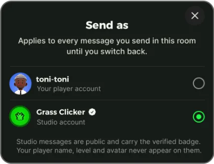 The Send as sheet in Jest chat, offering a personal player account or a verified studio account, and noting that the choice applies to every message in the room until you switch back.