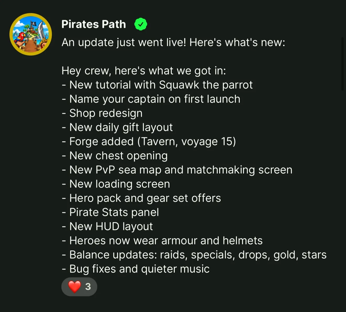 A verified message from Pirates Path reading an update just went live, here's what's new, followed by the studio's build notes listing a new tutorial, a shop redesign, a new PvP sea map, balance updates and bug fixes.