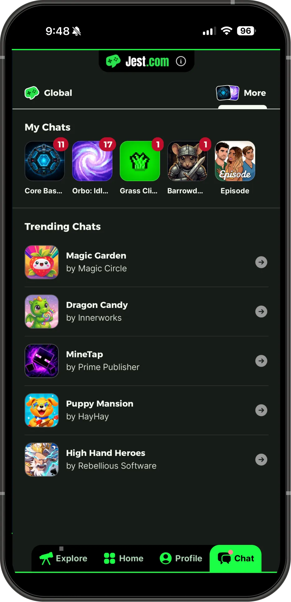 The Chat tab of Jest on a phone, with Global and More tabs at the top, a My Chats row of app icons with unread counts, and a Trending Chats list of app rooms including Magic Garden, Dragon Candy, MineTap, Puppy Mansion and High Hand Heroes.