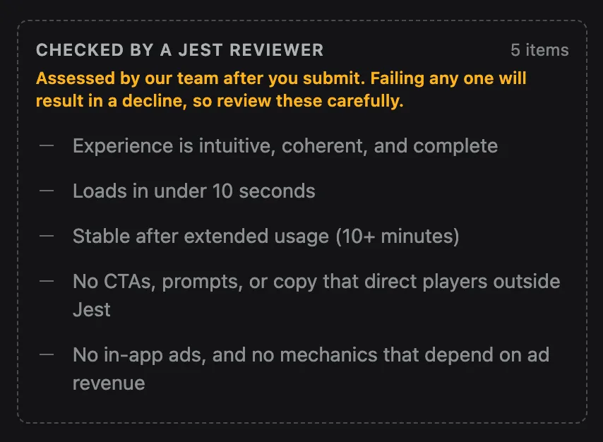A Checked by a Jest reviewer box listing five manually assessed requirements, including that the experience is intuitive, coherent and complete, loads in under 10 seconds, and has no in-app ads, with a note that failing any one will result in a decline.