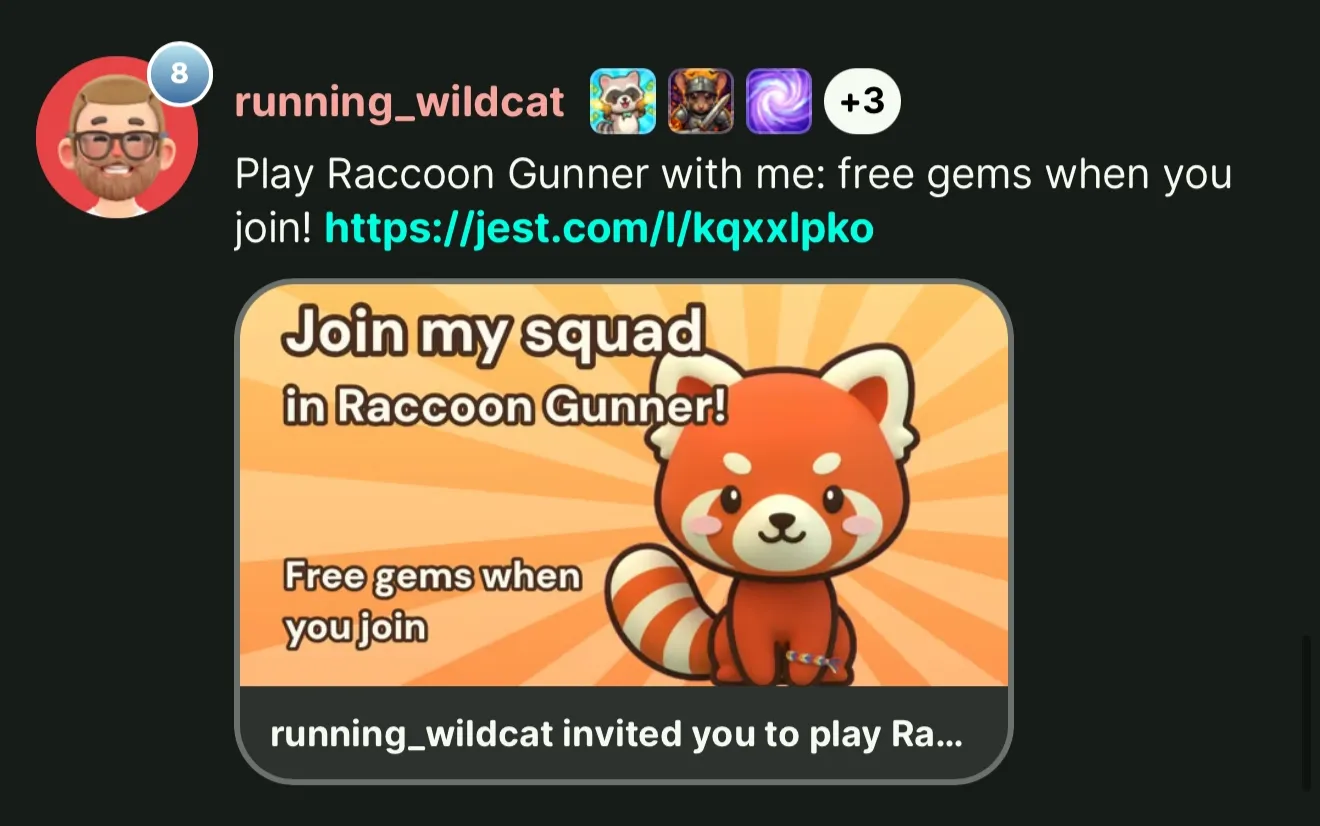 A chat message reading play Raccoon Gunner with me, free gems when you join, followed by a short link and a preview card showing the app's custom referral image of a red panda with the text join my squad in Raccoon Gunner, captioned running_wildcat invited you to play Raccoon Gunner.