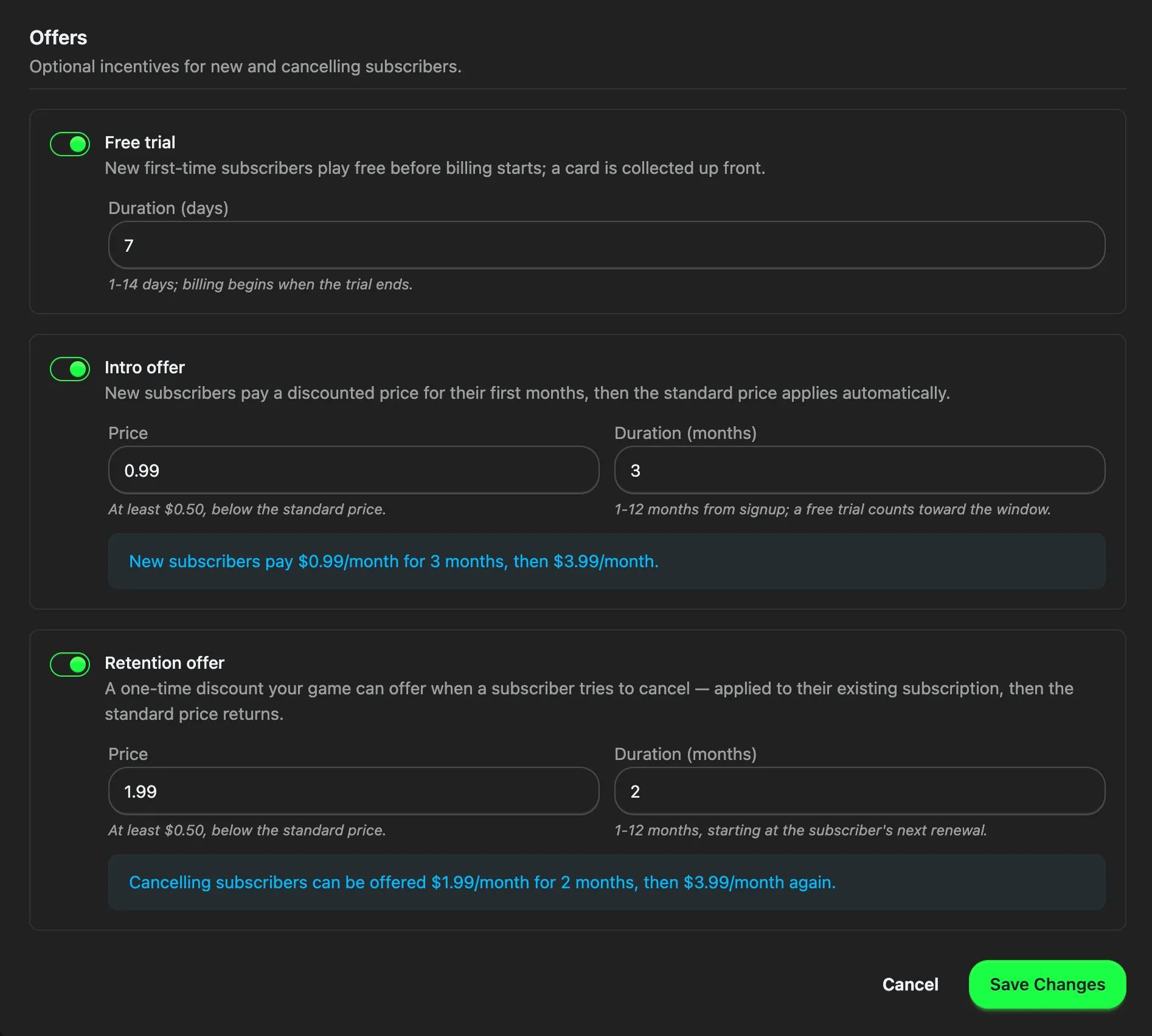 The Offers panel in the Developer Console, with free trial, intro offer and retention offer each toggled on and showing their duration and price limits.