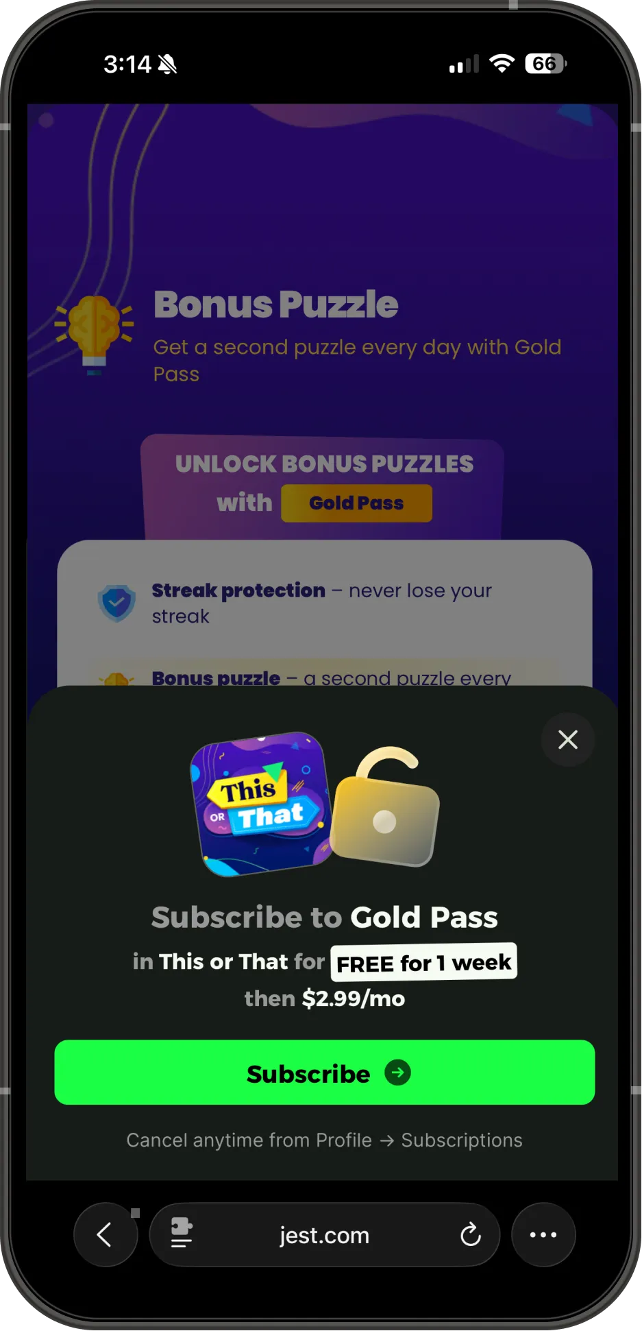 A subscription checkout sheet inside the game This or That, offering the Gold Pass free for one week then $2.99 a month.