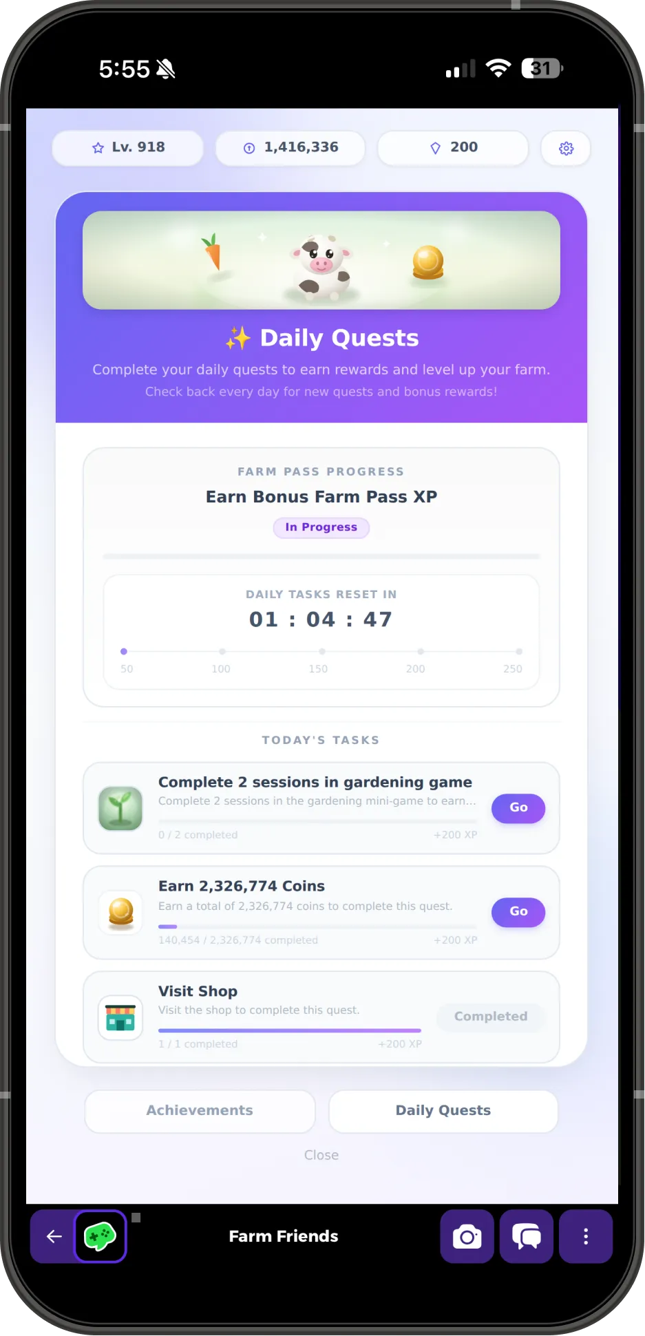 The same Daily Quests screen mocked up with generic AI styling: a purple gradient header, rounded cards nested inside cards, centered text, and small grey type.