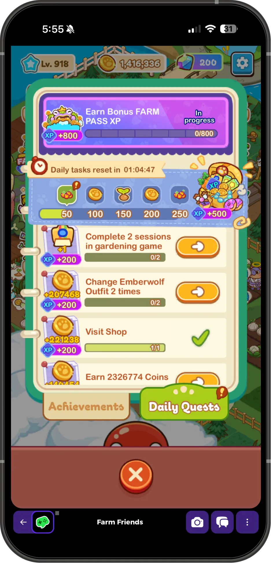 The Daily Quests screen in Farm Friends, with hand-drawn wooden signage, chunky reward chips that break out of their frame, and a highlighted Daily Quests tab.