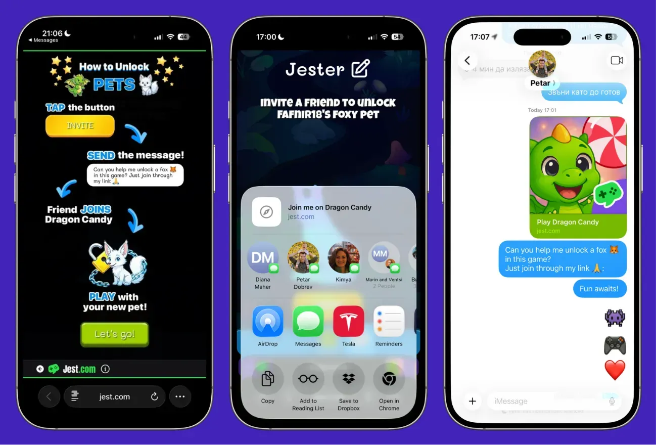 RCS message showing a referral invite to Dragon Candy: personal ask to help unlock an in-app reward, a share link, and a rich preview card with game art and invite copy.