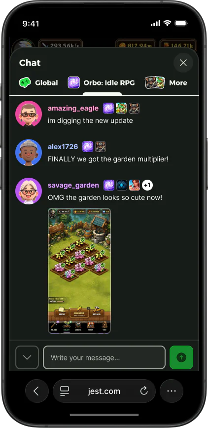 The Orbo: Idle RPG chat room open over the game, with players discussing an update and sharing a screenshot
