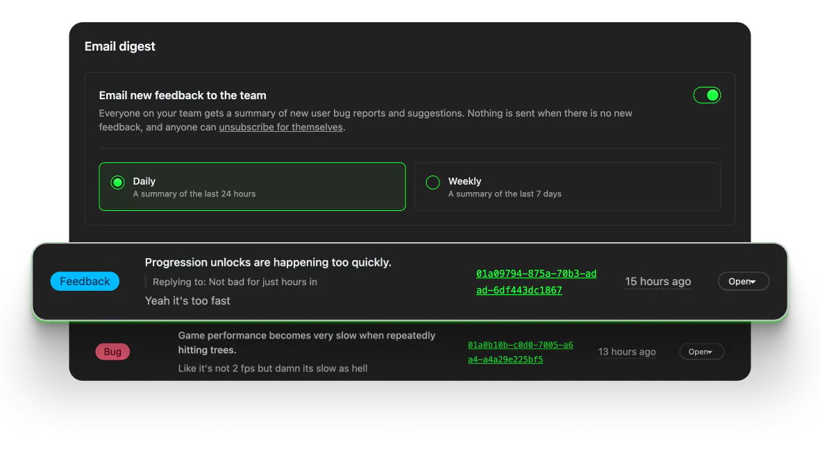 Email digest settings set to a daily summary, above a list of player feedback and bug reports pulled out of chat