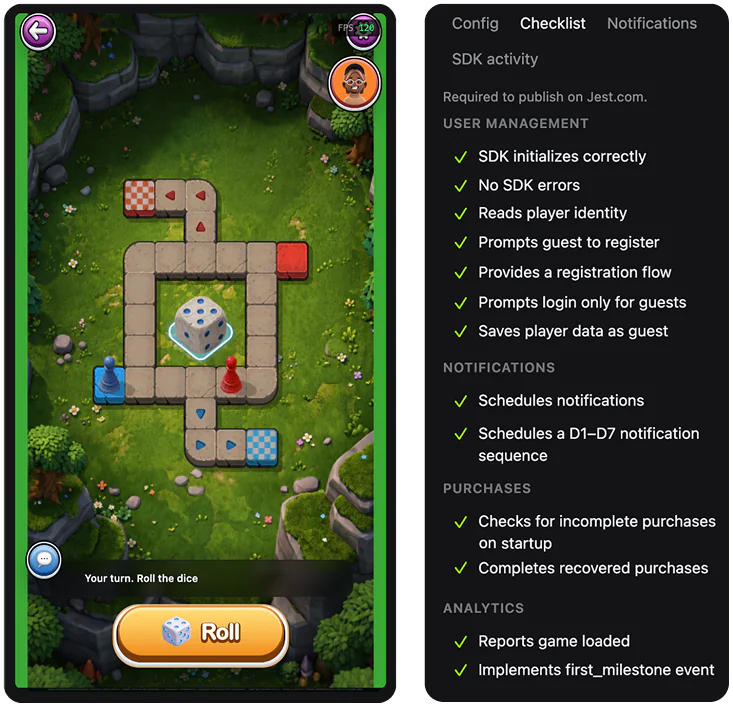 A game running in the Jest simulator beside the launch checklist, with SDK, notification, purchase and analytics checks passing