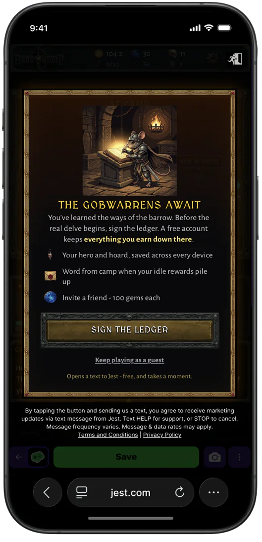 A developer's own registration popup, styled to match the game