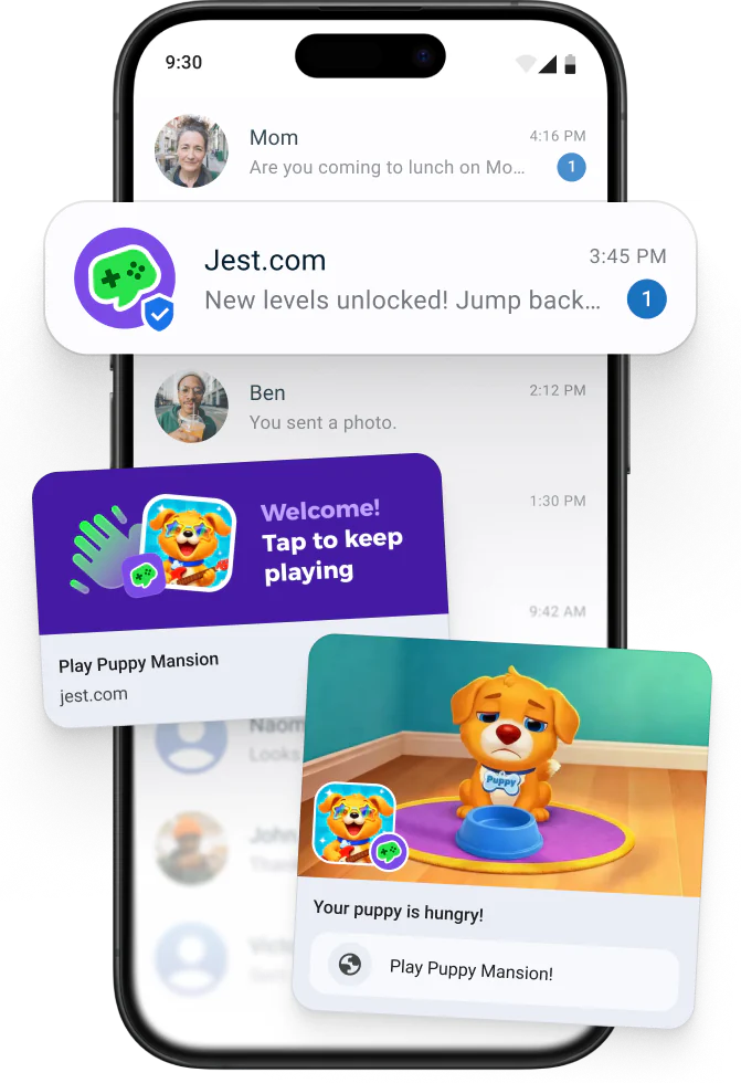 A Jest.com message sitting in a phone inbox between everyday chats, with a Puppy Mansion invite card and game card in front of it
