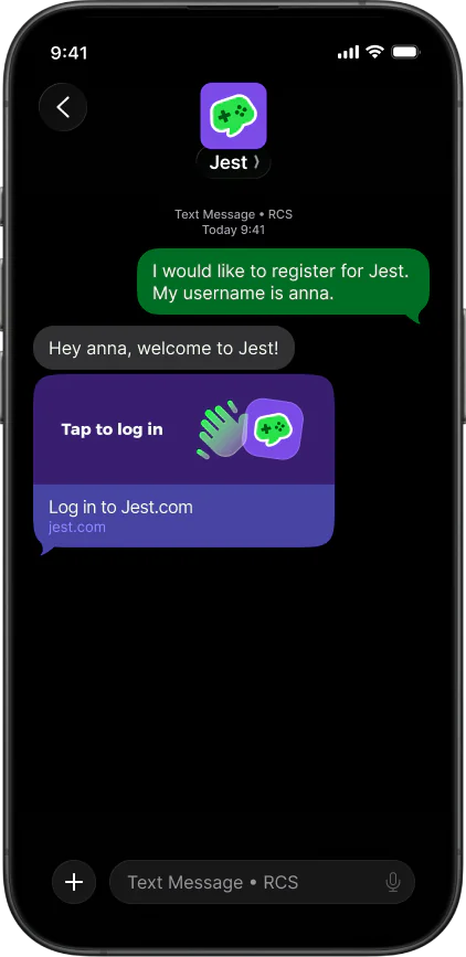 An RCS thread where a player registers for Jest by text and is sent a log-in link