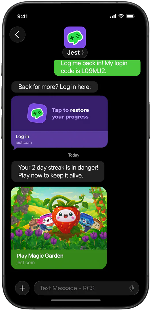 A streak reminder for Magic Garden in the thread, with a log-in link to restore progress