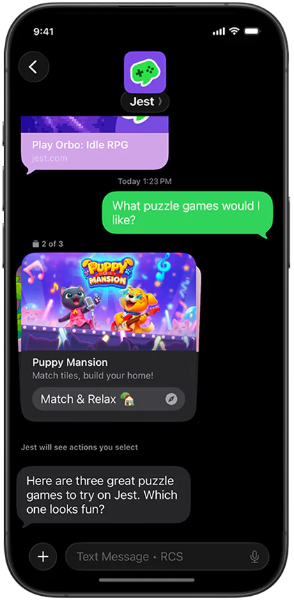 A Puppy Mansion recommendation answering a player's question about puzzle games